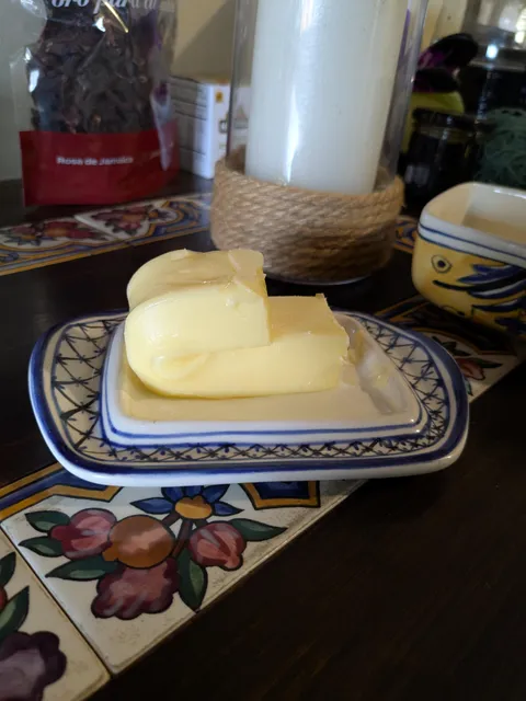 Somehow my wife folded the butter to fit in the dish.