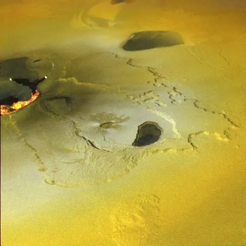 An active volcanic eruption on Jupiter's moon Io was captured in this image taken on February 22, 2000 by NASA's Galileo spacecraft. 