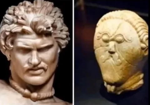 Celtic man made by an roman sculptor (left) and celtic sculptor (right)