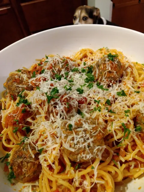 Spaghetti with pepperoni marinara and ribeye meatballs