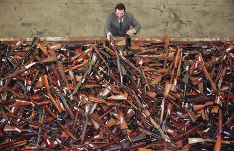 On this day in 1996 the Port Arthur Massacre in Australia began, 35 people were killed and 23 were wounded. Australia immediately went about reforming gun laws and around 650,000 firearms were collected and destroyed. This photo shows some of the guns collected.