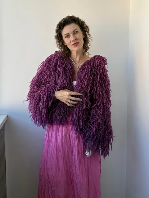 What do you think about this color combination: an eggplant shaggy cardigan and a hot pink skirt? Or should I pair this eggplant shaggy cardigan with more subdued colors? By the way, I knitted this shaggy cardigan.