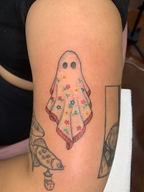 Baby Blanket Ghost, done by Jeremy Golden at Cry Baby Tattoo in Chicago, IL