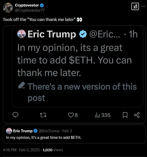 Just over two month ago Eric Trump was shilling Ethereum at 2900, ETH has now dropped over 50% since this tweet.