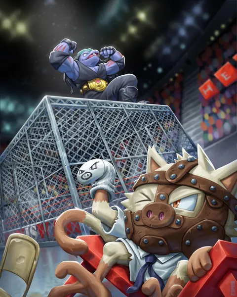 Like in 1998 when Machoke threw Mankey off Hell in a Cell and plummeted sixteen feet through an announcer's table [Pokemon/WWE painting]