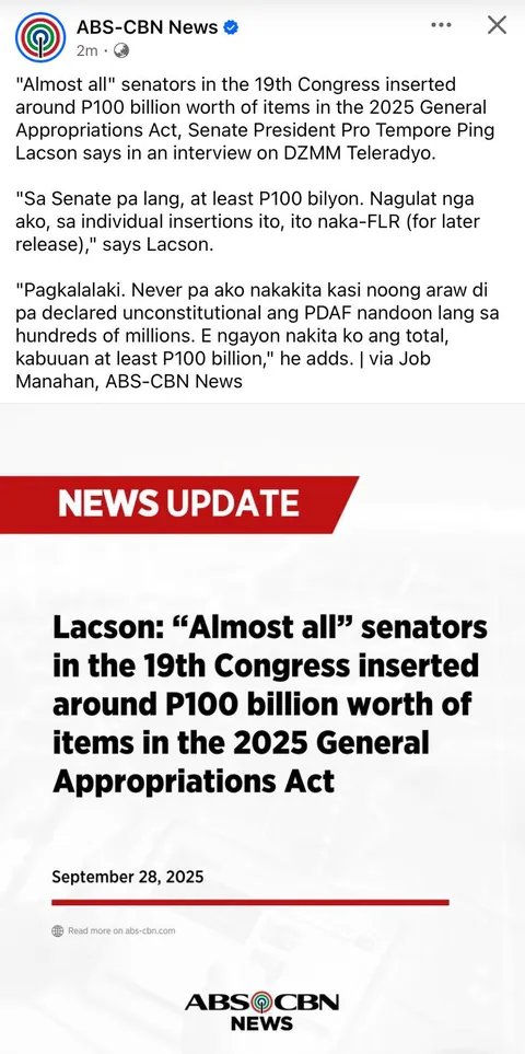 Senator Ping Lacson says that ALMOST ALL senators in the 19th Congress inserted around Php 100 billion worth of items in the 2025 GAA