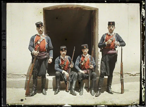 Greek soldiers in their uniforms, posing for a photo, 24 of May 1913. Autochrome shots
