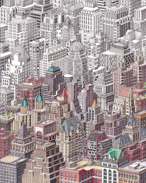 Colored Manhattan, me, pen and watercolor, 2020