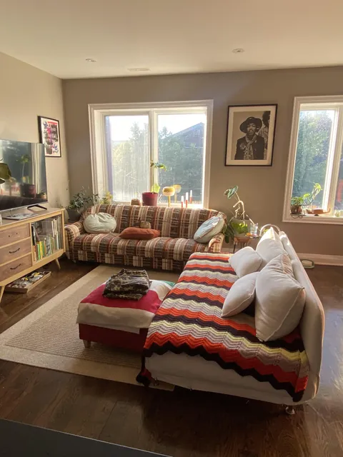 My cozy living room, furnished entirely from vintage and marketplace finds!