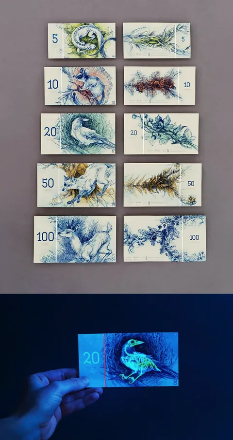 This Hungarian banknote concept has a security feature where the skeletons of the depicted birds glow under UV light