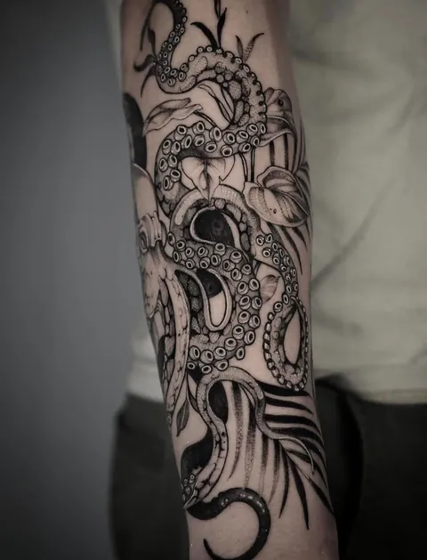 Octopus with Tropical  Plants by Dominique at Lights Out Tattoo in Santa Cruz, CA
