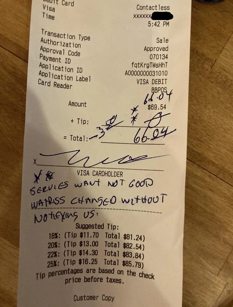 My coworker’s shift ended so I took over one of their tables. Customer did not like this and left a negative tip.