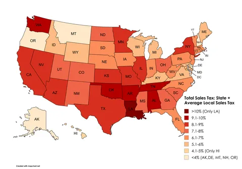 [OC] Total Sales Tax: State + Average Local Sales Tax by U.S. State