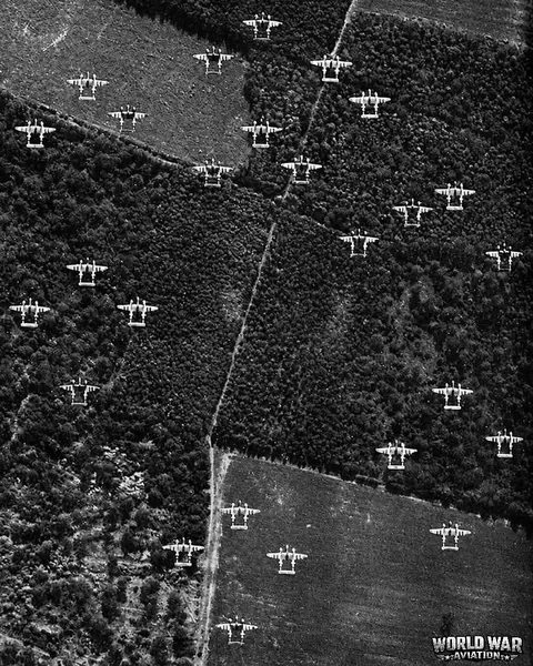 P-38 Lightnings from the 20th Fighter Group in formation over France, June 29 (1944)