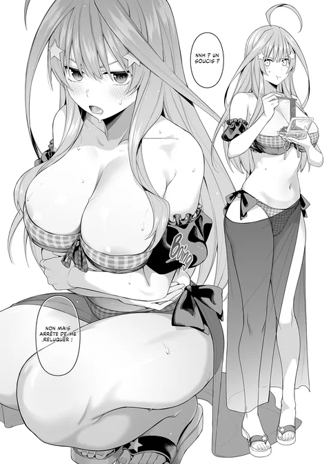 A different swimsuit for each sister: gold string bikini for Ichika, stylish one piece for Nino, revealing ass one piece for Miku, underboobs shot bikini for Yotsuba and stylish bikini with veil skirt for Itsuki (The Quintessential Quintuplets - A Fifth of Romance (Doujinshi)) (4why, Bad Mushrooms)