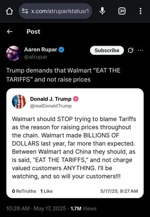 Walmart supported Trump, canceled DEI for Trump, and now they have to "eat" their losses due to Trump's self-sabotaging tariffs.