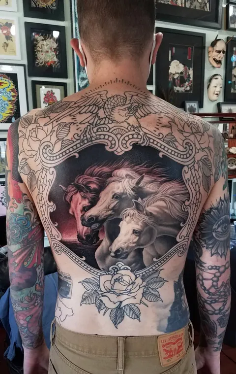 My Pharoah’s Horses backpiece (in progress), Artist: Craig Secrist at Tiger Claw Tattoo in Salt Lake City, Utah