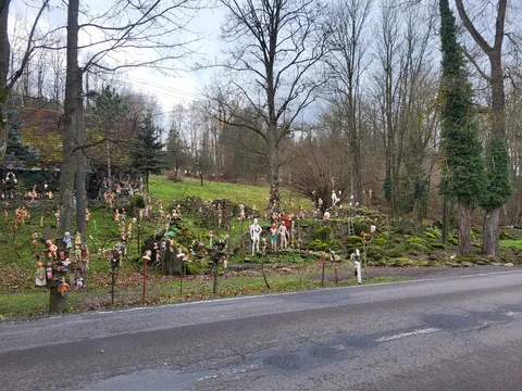 This house near my town. Many years ago it started "only" with hanged babies. Now there are heads on spikes and mannequins too.