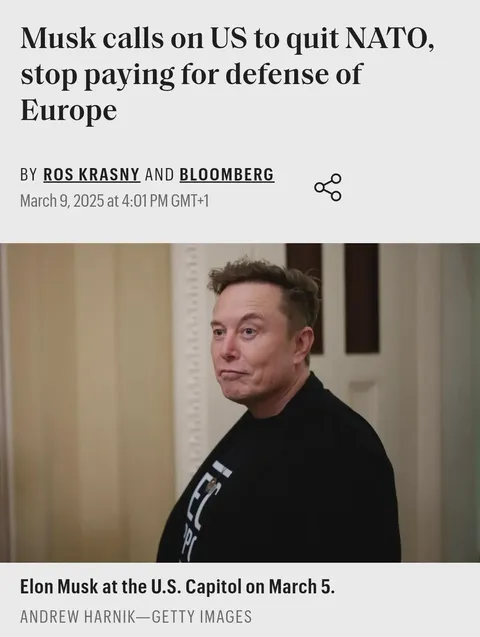 Musk calls on US to quit NATO, stop paying for defense of Europe