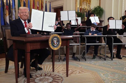 OC: Trump signs an executive order to dismantle the Education Department alongside children signing