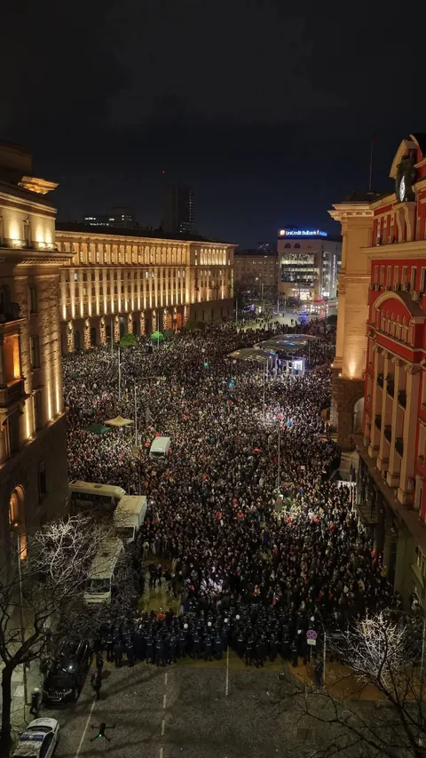 Sofia, Bulgaria tonight - thousands protest against the government's budget for 2026