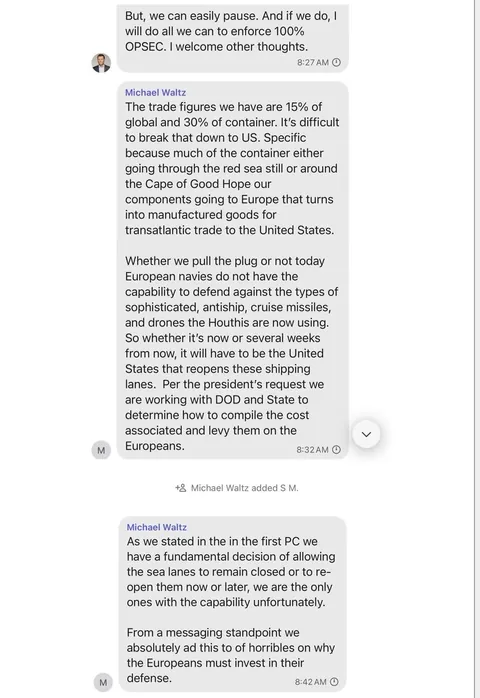 Le contenu entier des conversations Signal des USA sur les frappes au Yemen et la confirmation que leur but ultime est de nuire aux Européens