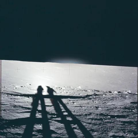 The shadows of Apollo 12 astronauts Pete Conrad and Al Bean walking together on the Moon