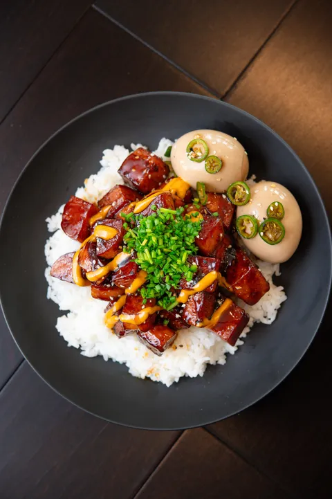 [homemade] teriyaki spam and rice with marinated eggs