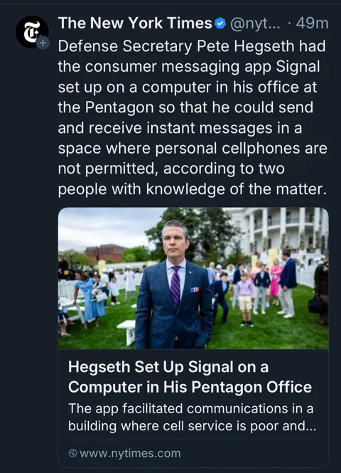 Pete Hegseth installed Signal in his office computer at the Pentagon where personal cellphones are not permitted