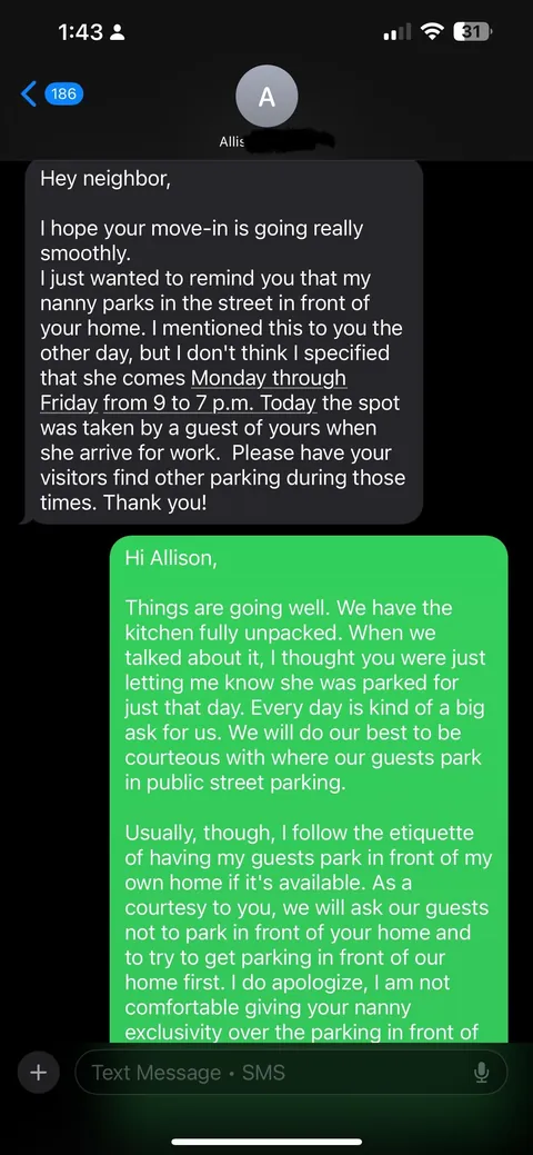 My neighbor was upset I wouldn't give her nanny exclusivity over the parking in front of my home, so she reported my fence to the city. These are the super cringey messages she sent me.