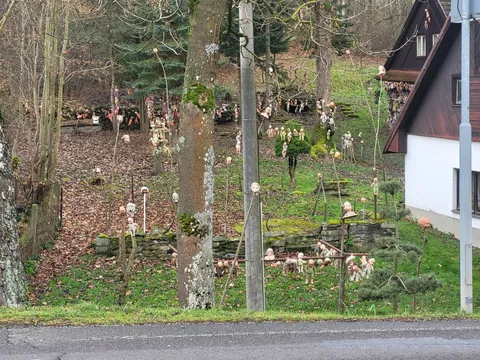 This house near my town. Many years ago it started "only" with hanged babies. Now there are heads on spikes and mannequins too.