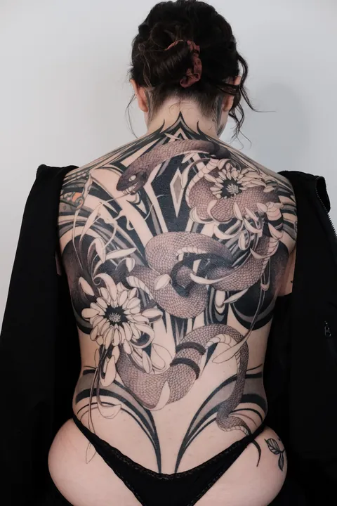 50+ hour finished back piece by Sarah at Gallery Mirai in Hollywood 