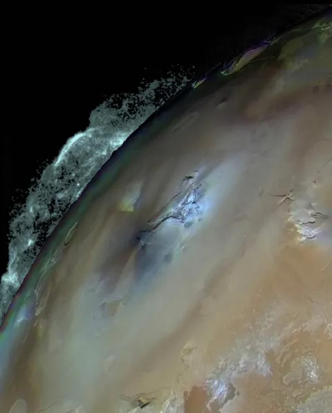 The eruption of volcano on Jupiter's moon Io, captured by Voyager 1.