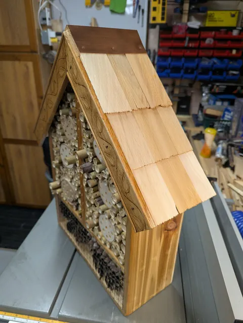 Built two Bee Boxes for solitary bees w/ lower pine cone nest compartment, as Xmas gifts for the gardeners' Mom &amp; MIL