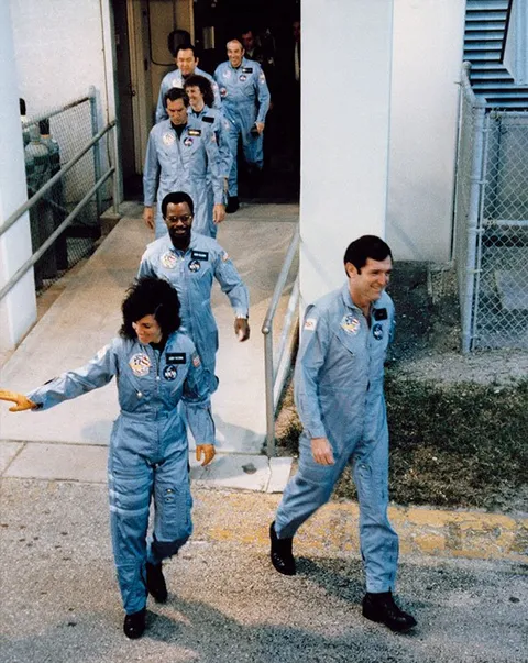 The crew of the Challenger, just before boarding, 28 January 1986