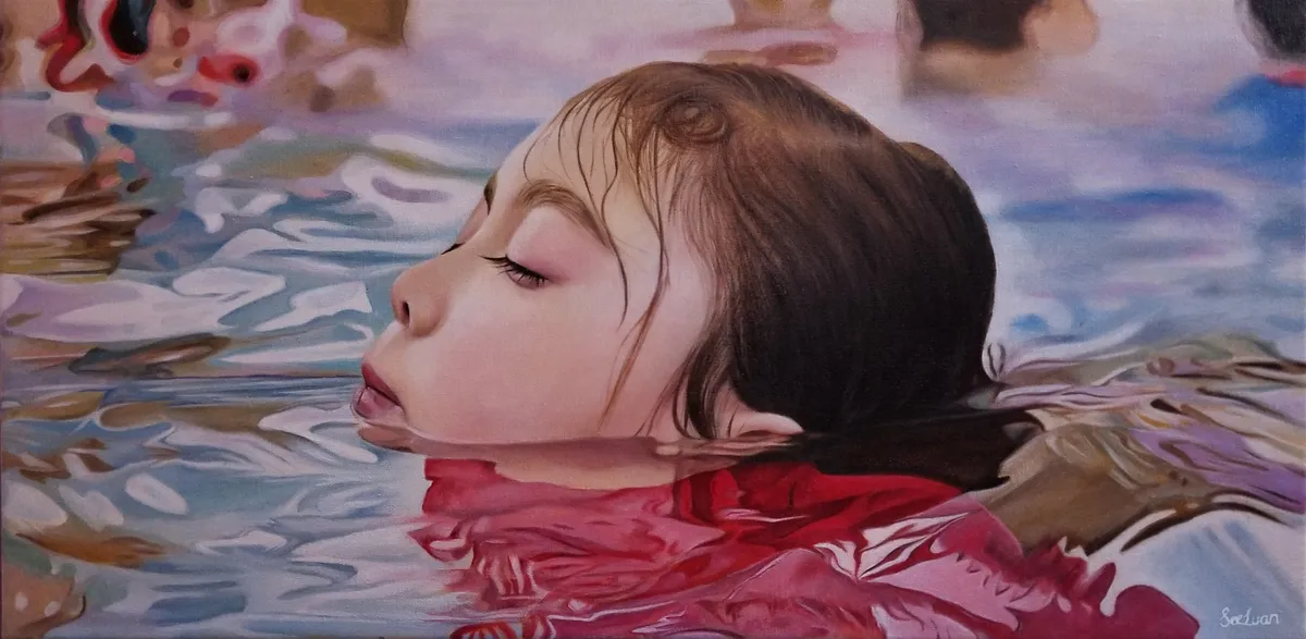Girl in the pool, oil on canvas, 12x24"
