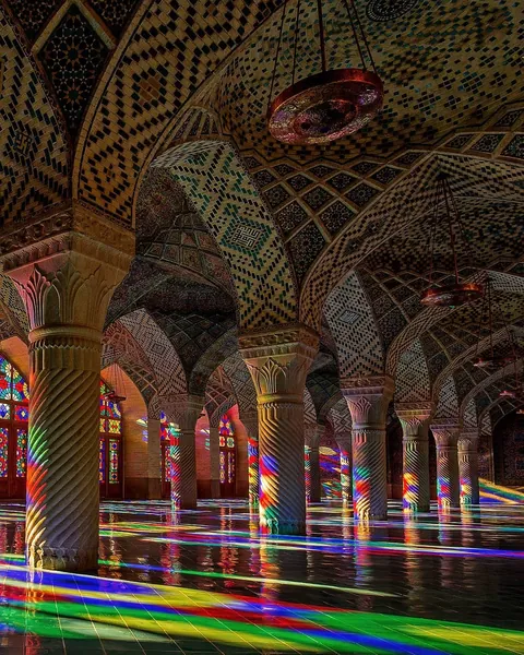 The Nasir al-Mulk Mosque, also known as the Pink Mosque, built between 1876 and 1888 in Shiraz, Iran, during the Qajar dynasty.