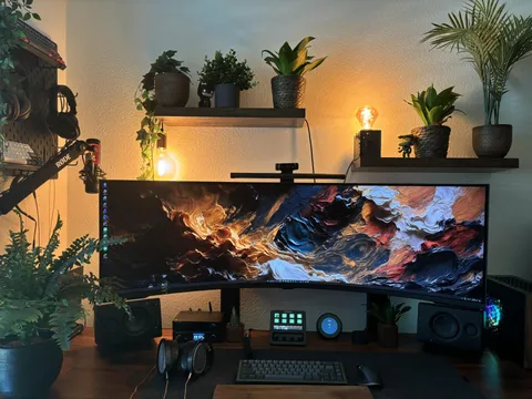 My happy dev space with upgrades to Samsung 57" and Streamdeck+