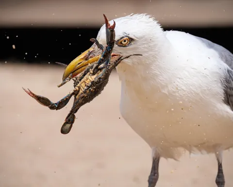 Duel between a Gull and a crab defending her eggs.