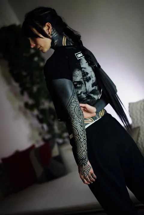 White on black ornamental sleeve by Eddie Rise (me) at Black Alchemy Studio in Albuquerque, New Mexico.