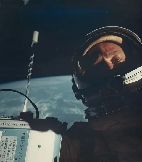 Buzz Aldrin, first selfie in space, Gemini 12, November 1966.