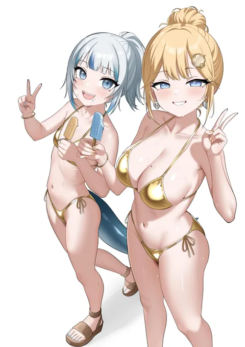 Gura &amp; Ame in golden bikini ( Raikkonen)