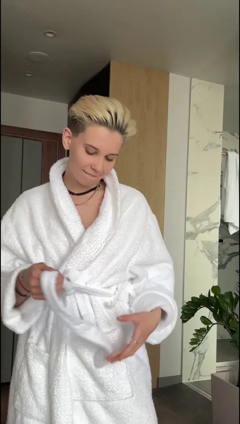 Extra short hair tgirl with small tits reveal