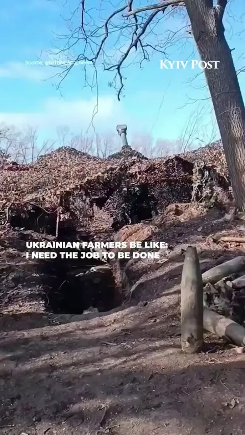 As Ukrainian artillery targets Russian positions on the frontline a farmer calmly harvests his field just behind
