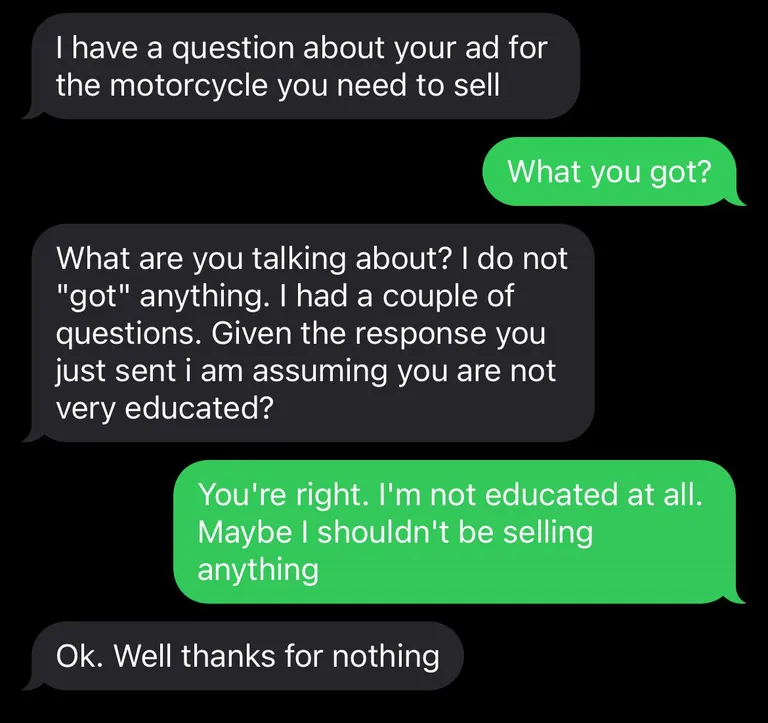Insulted by potential buyer for a simple text