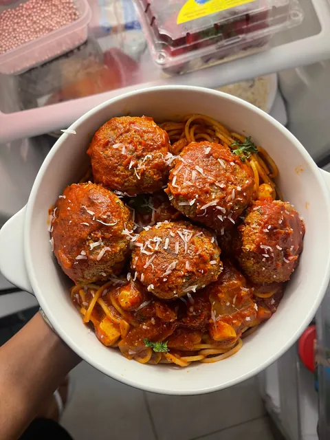 [homemade] pasta and meatballs with hard boiled eggs inside