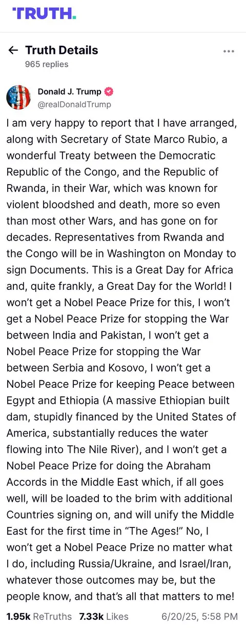 Trump is whining that he “won't get a Nobel Peace Prize”