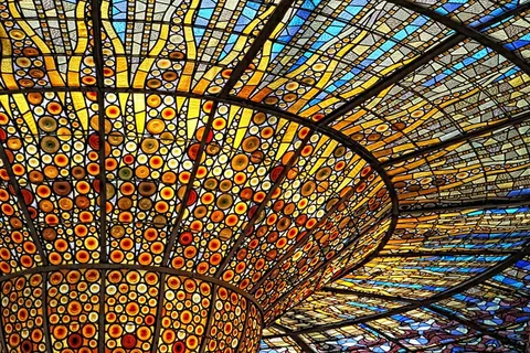 Great stained glass ceiling of the Palau de la Música Catalana, in Barcelona, Catalonia