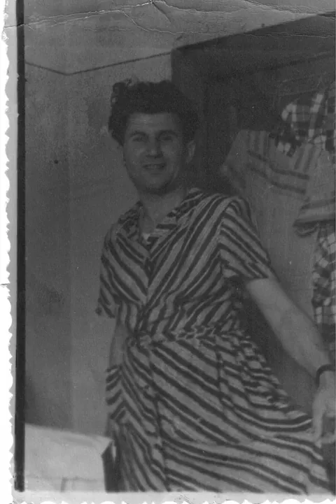 Grandma and grandpa swapping clothes on their honeymoon, 1949