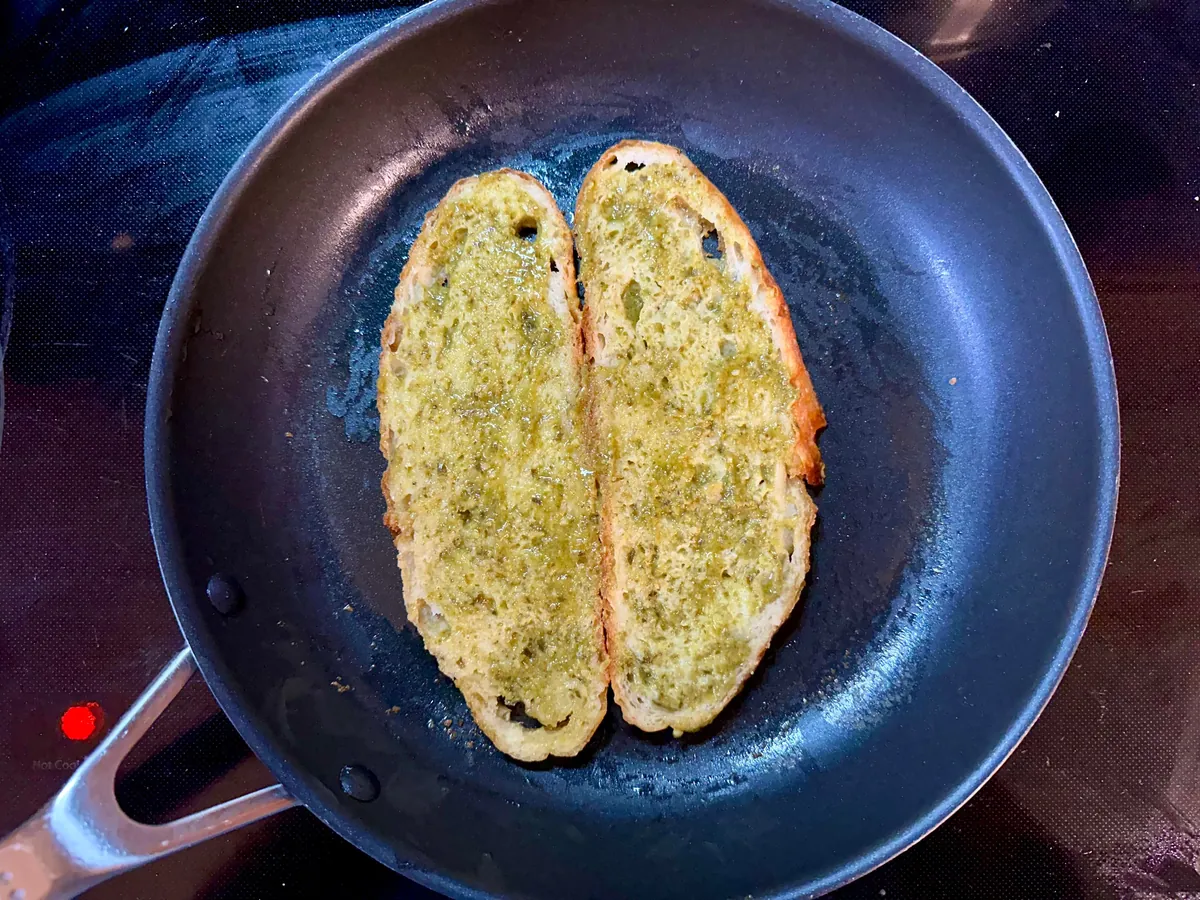 Mozzarella, tomato, and pesto melt on [homemade] bread